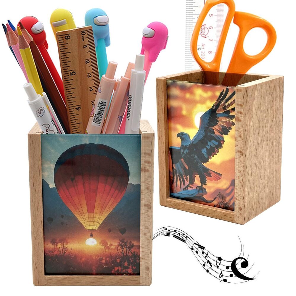 8971 Solid Wood Mini Photo Frame Pen Holder Wind Up Music Box for Desk